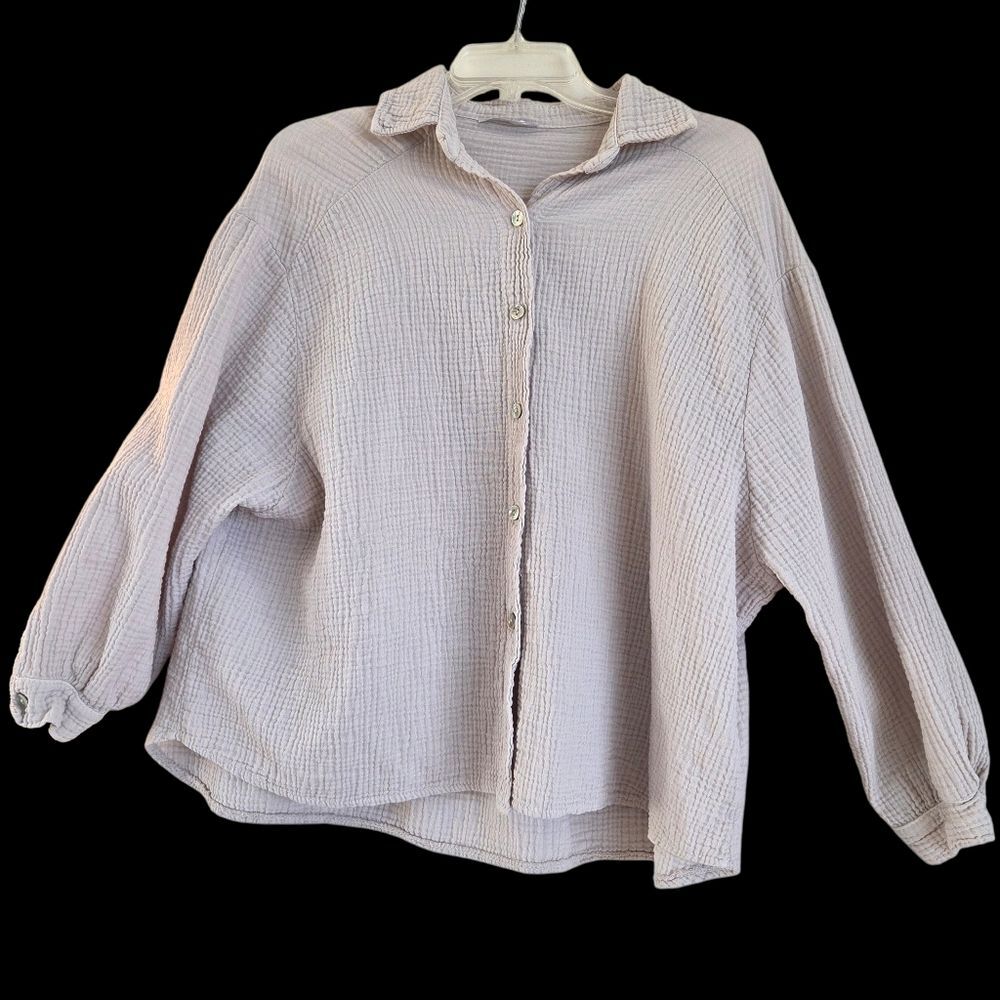 Italian Made Gauze Cotton Blouse Baggy Shirt Natural Neutral Beige One Size L - Picture 4 of 15